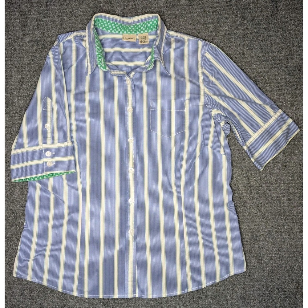 L.L. Bean Women's Medium Regular Half Sleeve Button Down Fitted Striped 0HYC7